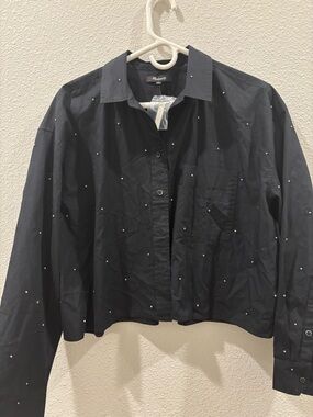 Madewell Black Studded Cropped Button-Up Shirt